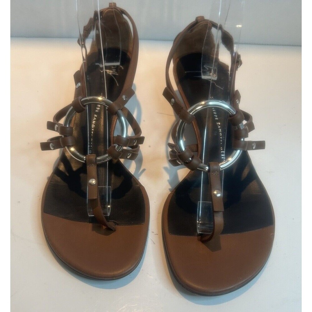Giuseppe Zanotti Thong Wedge Sandals. Size 40. Brown Leather.  Adjustable Strap